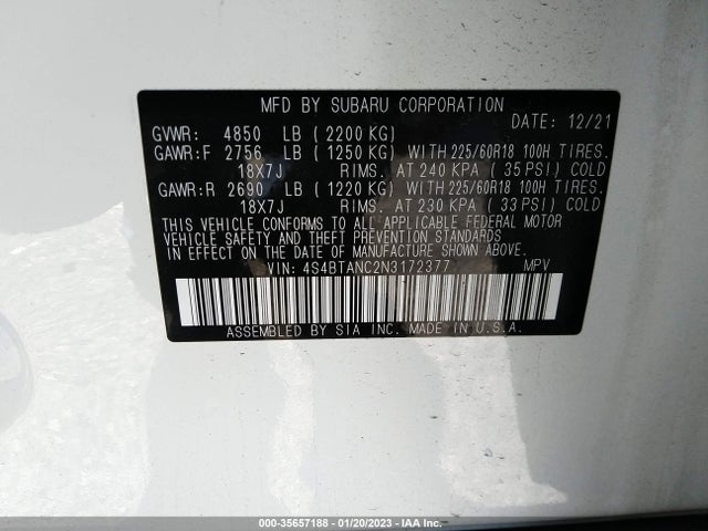 2022 SUBARU OUTBACK LIMITED VIN: 4S4BTANC2N3172377