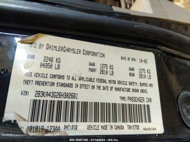2006 DODGE CHARGER VIN: 2B3KA43G26H302661