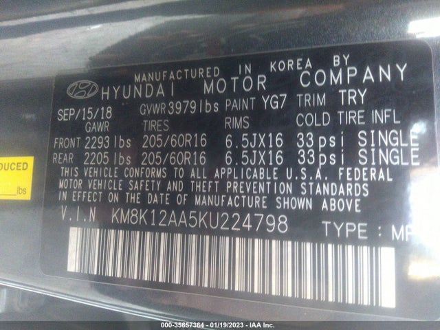 2019 HYUNDAI KONA SE VIN: KM8K12AA5KU224798