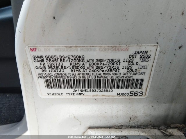Mitsubishi Montero Ltd/20th Anniv 2003 JA4NW51S93J028910 Image 10