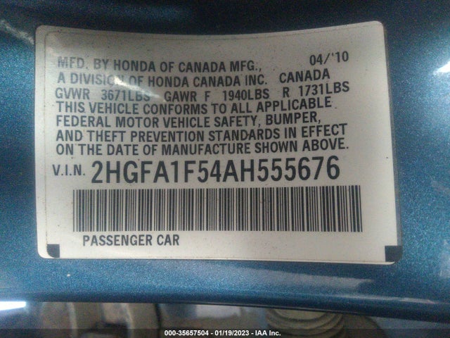 2010 HONDA CIVIC SDN LX VIN: 2HGFA1F54AH555676