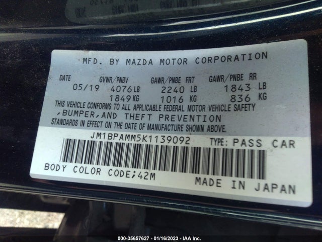 2019 MAZDA MAZDA3 HATCHBACK W/PREFERRED PKG VIN: JM1BPAMM5K1139092