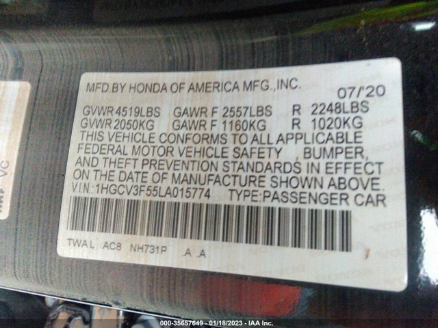 2020 Honda Accord, VIN: 1HGCV3F55LA015774