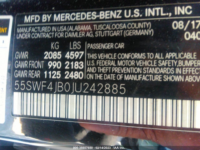 2018 MERCEDES-BENZ C-CLASS C 300 VIN: 55SWF4JB0JU242885