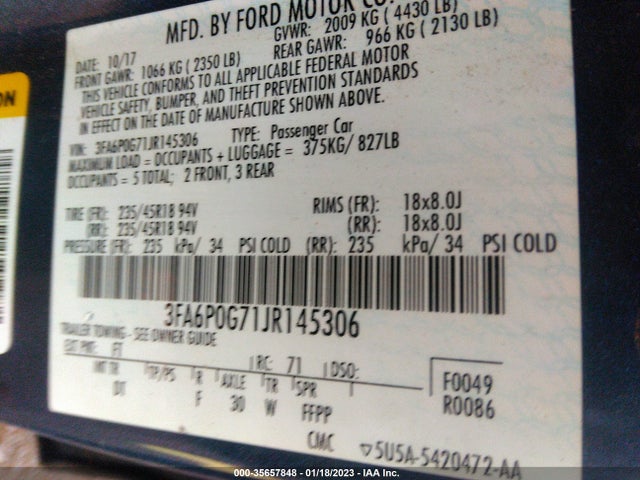 Ford FUSION S 2018 3FA6P0G71JR145306 Image 10
