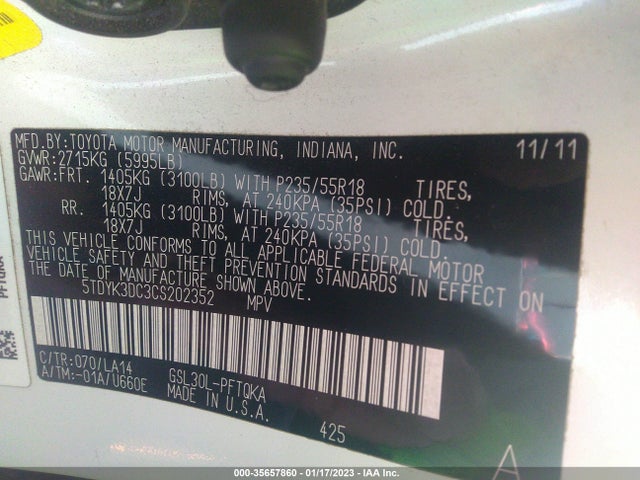 2012 TOYOTA SIENNA XLE AAS/XLE/LTD VIN: 5TDYK3DC3CS202352