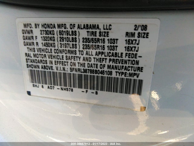 2008 HONDA ODYSSEY EX-L VIN: 5FNRL38788B046108
