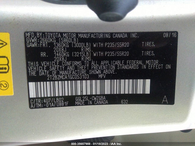 2016 Lexus RX, VIN: 2T2BZMCA1GC053103