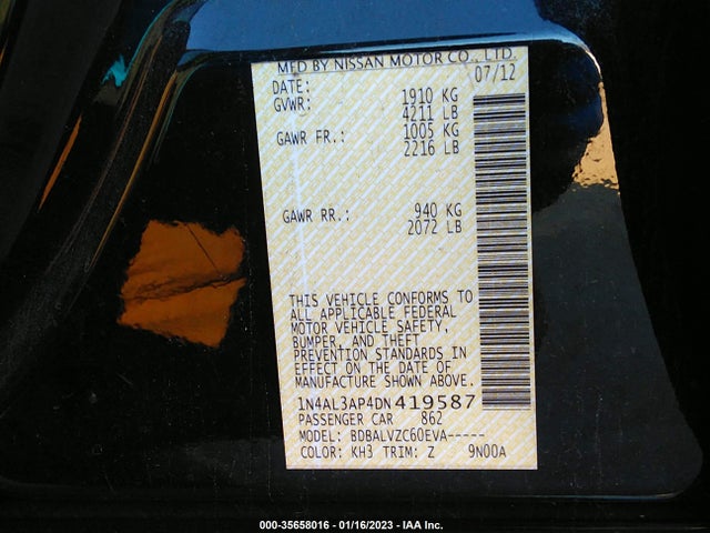 2013 NISSAN ALTIMA 2.5 SL VIN: 1N4AL3AP4DN419587