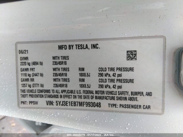 Tesla Model 3 Long Range 2021 5YJ3E1EB7MF993048 Image 9
