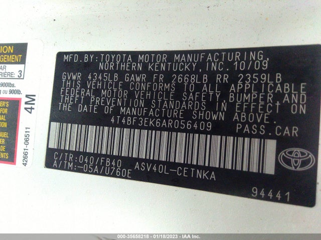 2010 TOYOTA CAMRY VIN: 4T4BF3EK6AR056409