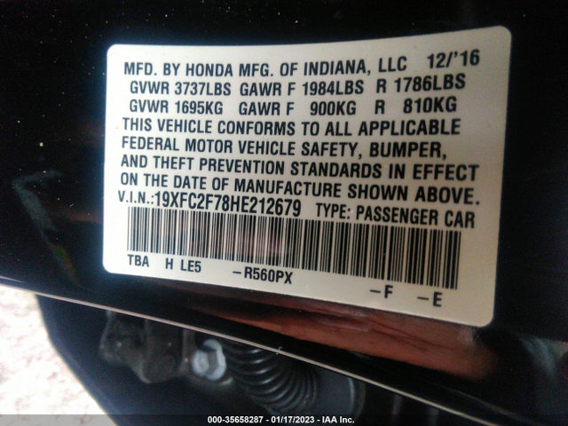 2017 HONDA CIVIC SEDAN EX VIN: 19XFC2F78HE212679