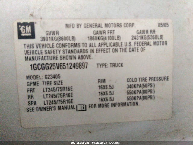 2005 CHEVROLET EXPRESS CARGO VAN VIN: 1GCGG25V651249897
