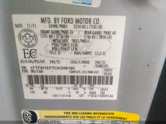 2012 FORD F-150 XL/XLT/FX4/LARIAT VIN: 1FTFW1EF7CKD08190