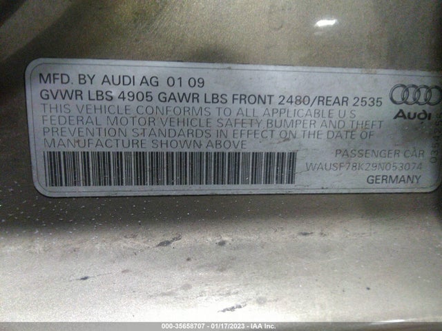 2009 AUDI A4 2.0T PREM PLUS VIN: WAUSF78K29N053074