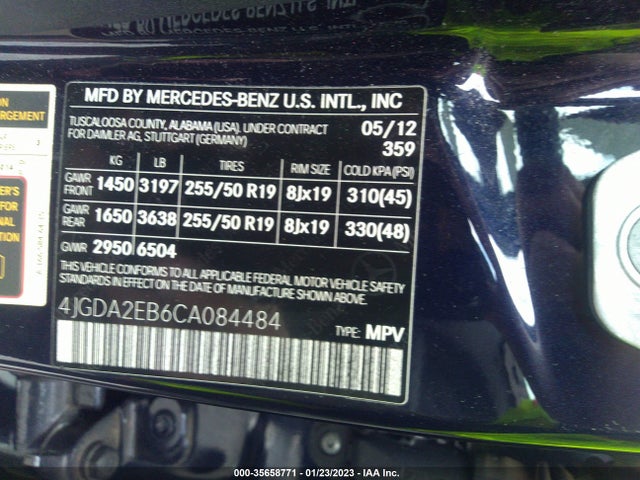 2012 MERCEDES-BENZ M-CLASS ML 350 BLUETEC VIN: 4JGDA2EB6CA084484