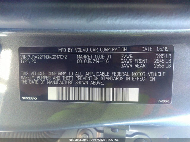 2019 Volvo S60, VIN: 7JRA22TM3KG017072