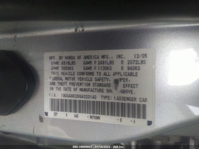 2006 ACURA TL VIN: 19UUA66266A020140