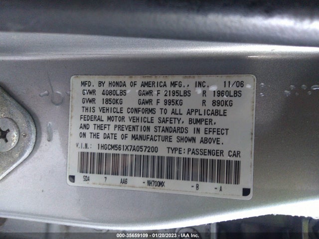 2007 HONDA ACCORD SDN VP VIN: 1HGCM561X7A057200
