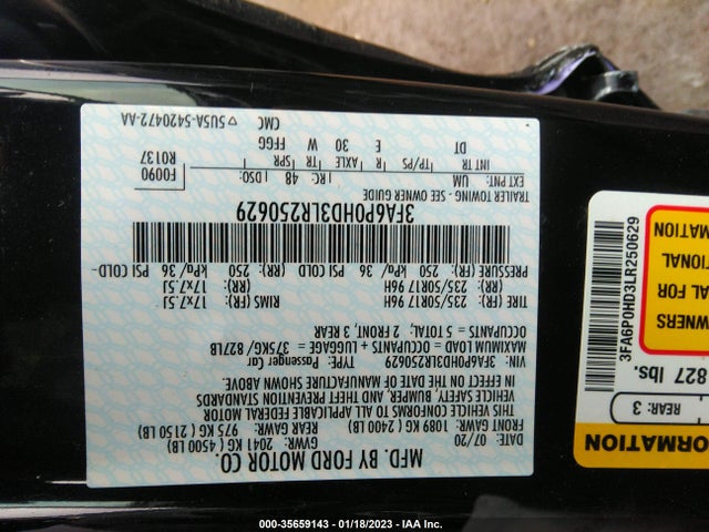 2020 Ford Fusion, VIN: 3FA6P0HD3LR250629
