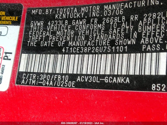 2006 TOYOTA CAMRY SOLARA SE/SPT/SLE VIN: 4T1CE38P26U751101