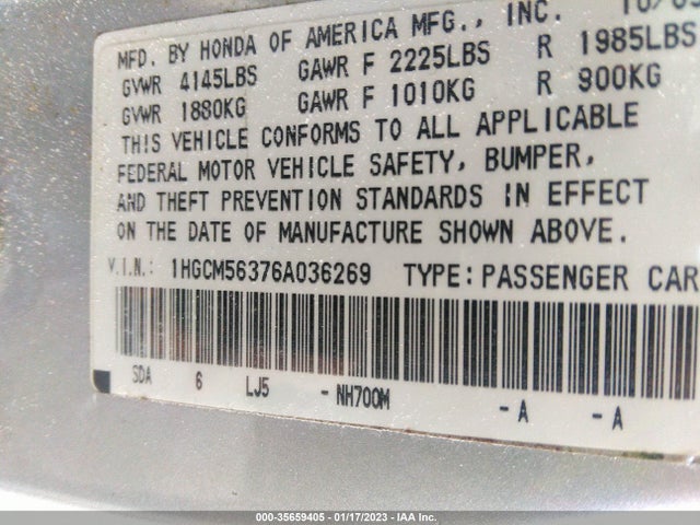 2006 HONDA ACCORD SDN LX SE VIN: 1HGCM56376A036269