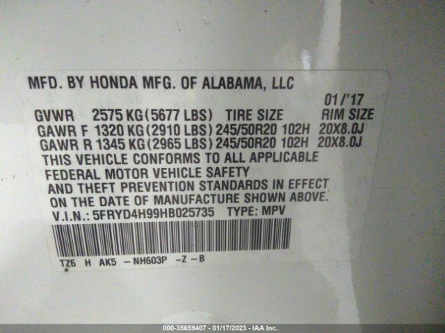 5FRYD4H99HB025735 Acura Mdx W/advance & Entertainment Pkgs