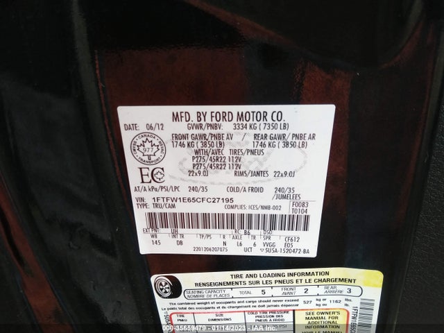 2012 FORD F-150 HARLEY-DAVIDSON VIN: 1FTFW1E65CFC27195