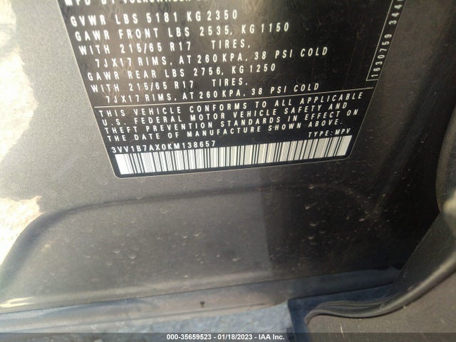 3VV1B7AX0KM138657 Volkswagen TIGUAN S