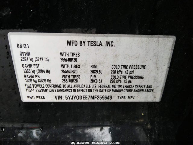 2021 TESLA MODEL Y LONG RANGE VIN: 5YJYGDEE7MF259649