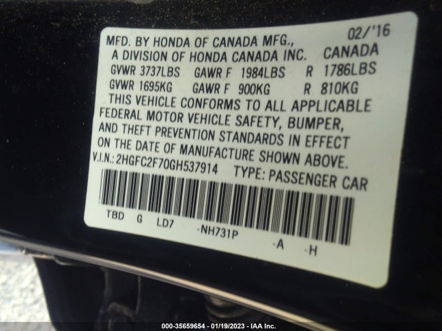 2016 HONDA CIVIC SEDAN EX VIN: 2HGFC2F70GH537914