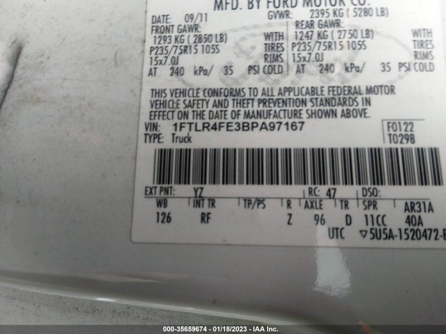 2011 FORD RANGER XLT/SPORT VIN: 1FTLR4FE3BPA97167