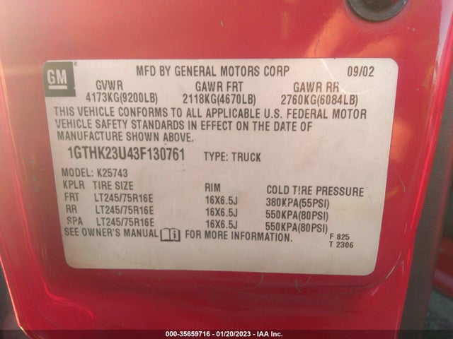 2003 GMC SIERRA 2500HD SLE VIN: 1GTHK23U43F130761