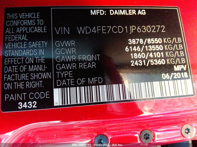 2018 Mercedes-Benz Sprinter, VIN: WD4FE7CD1JP630272