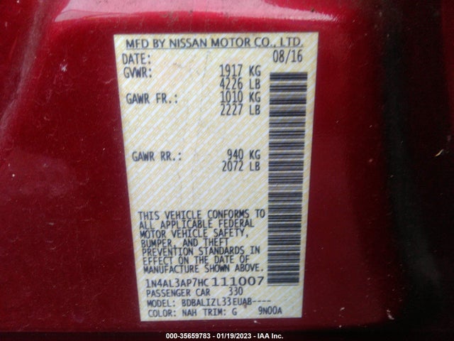 Nissan Altima 2.5 Sv 2017 1N4AL3AP7HC111007 Image 9