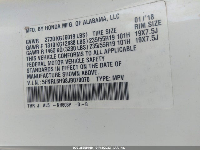 Honda Odyssey Elite 2018 5FNRL6H98JB079070 Image 9