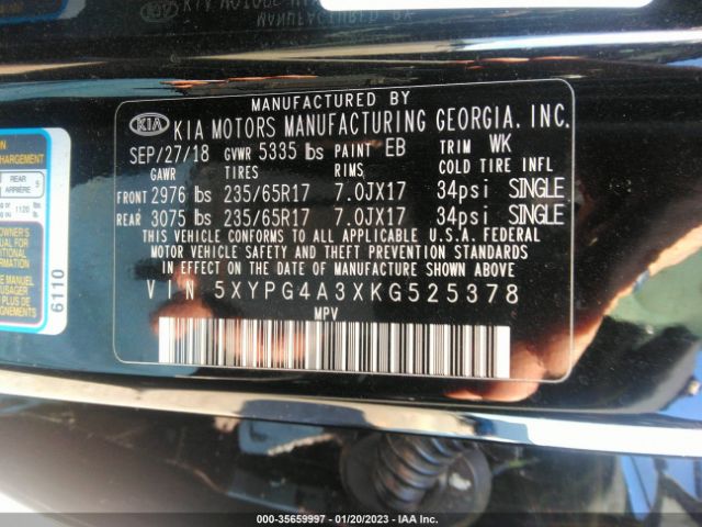 5XYPG4A3XKG525378 KIA SORENTO LX