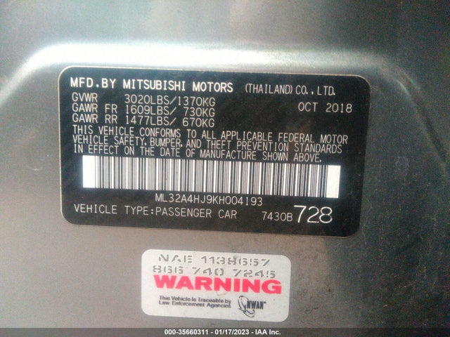 2019 Mitsubishi Mirage, VIN: ML32A4HJ9KH004193