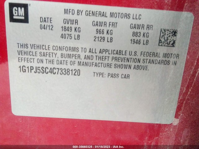 Продажа на аукционе авто 2012 Chevrolet Cruze Eco, vin: 1G1PJ5SC4C7338120, номер лота: 35660325
