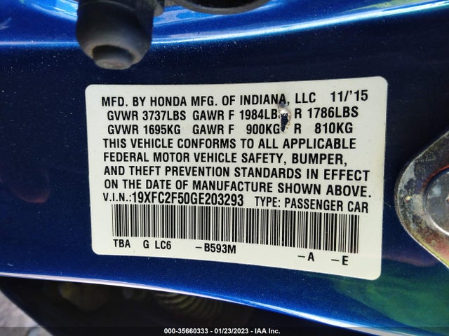 2016 HONDA CIVIC SEDAN LX VIN: 19XFC2F50GE203293