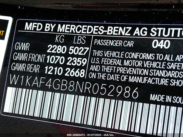 2022 Mercedes-Benz C-Class, VIN: W1KAF4GB8NR052986