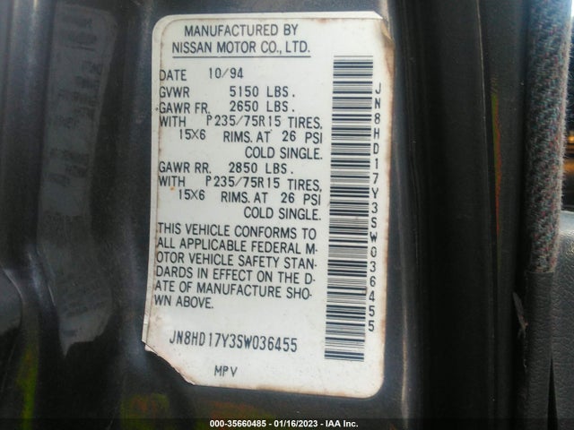 1995 NISSAN PATHFINDER LE/SE/XE VIN: JN8HD17Y3SW036455