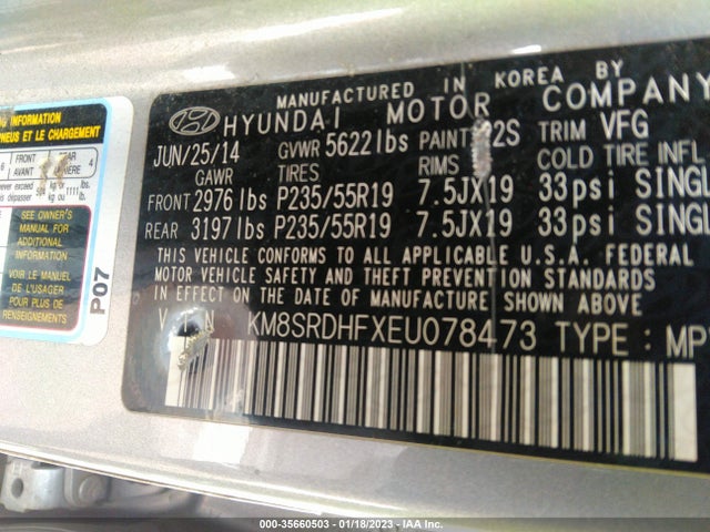 2014 HYUNDAI SANTA FE LIMITED VIN: KM8SRDHFXEU078473