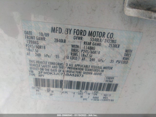 2010 FORD EDGE SEL VIN: 2FMDK3JC7ABA52873