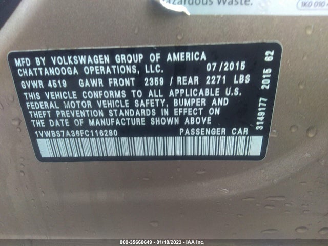 1VWBS7A36FC116280 Volkswagen Passat 1.8t Se W/sunroof & Nav