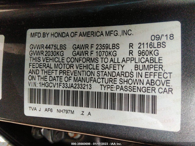 2018 HONDA ACCORD SEDAN SPORT 1.5T VIN: 1HGCV1F33JA233213