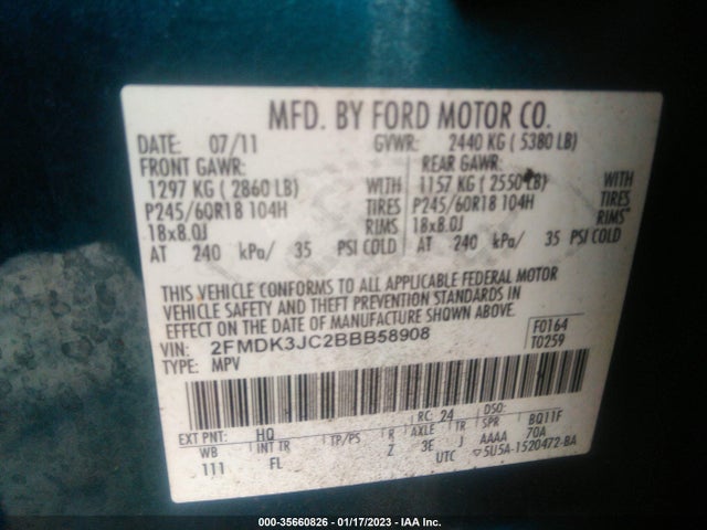 2011 FORD EDGE SEL VIN: 2FMDK3JC2BBB58908