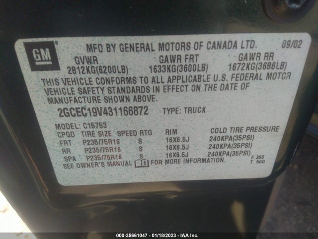 2003 CHEVROLET SILVERADO 1500 LS VIN: 2GCEC19V431166872