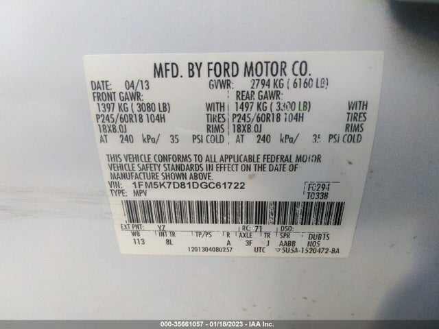 2013 FORD EXPLORER XLT VIN: 1FM5K7D81DGC61722