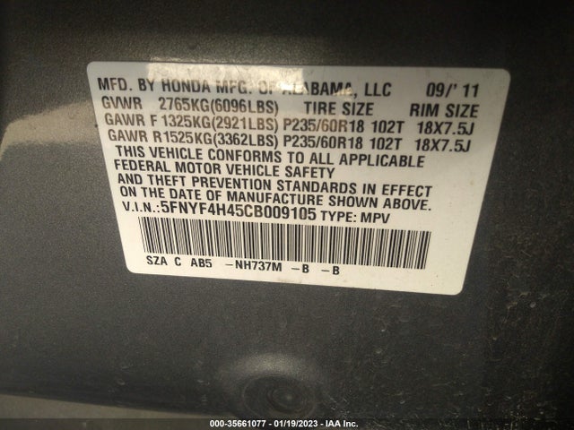 2012 HONDA PILOT EX VIN: 5FNYF4H45CB009105